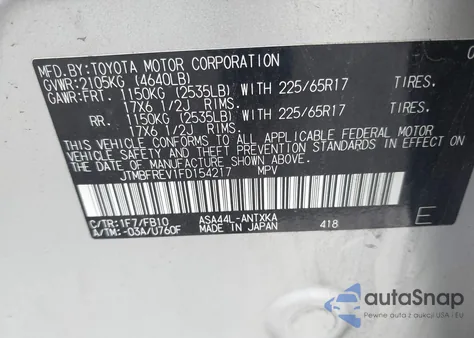 2015 Toyota Rav4 Le z USA, uszkodzony, nr VIN JTMBFREV1FD154217